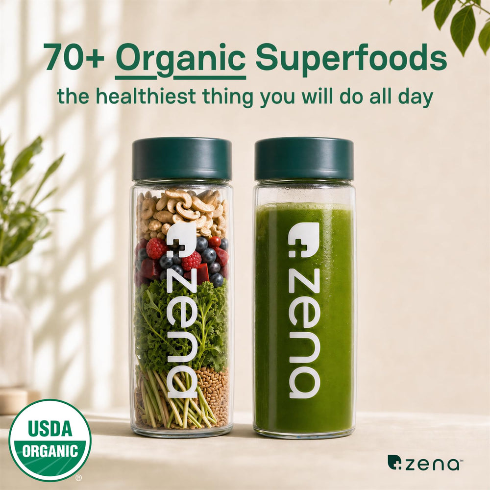 Zena Nutrition sobre abierto con polvo listo para mezclar, práctico para llevar