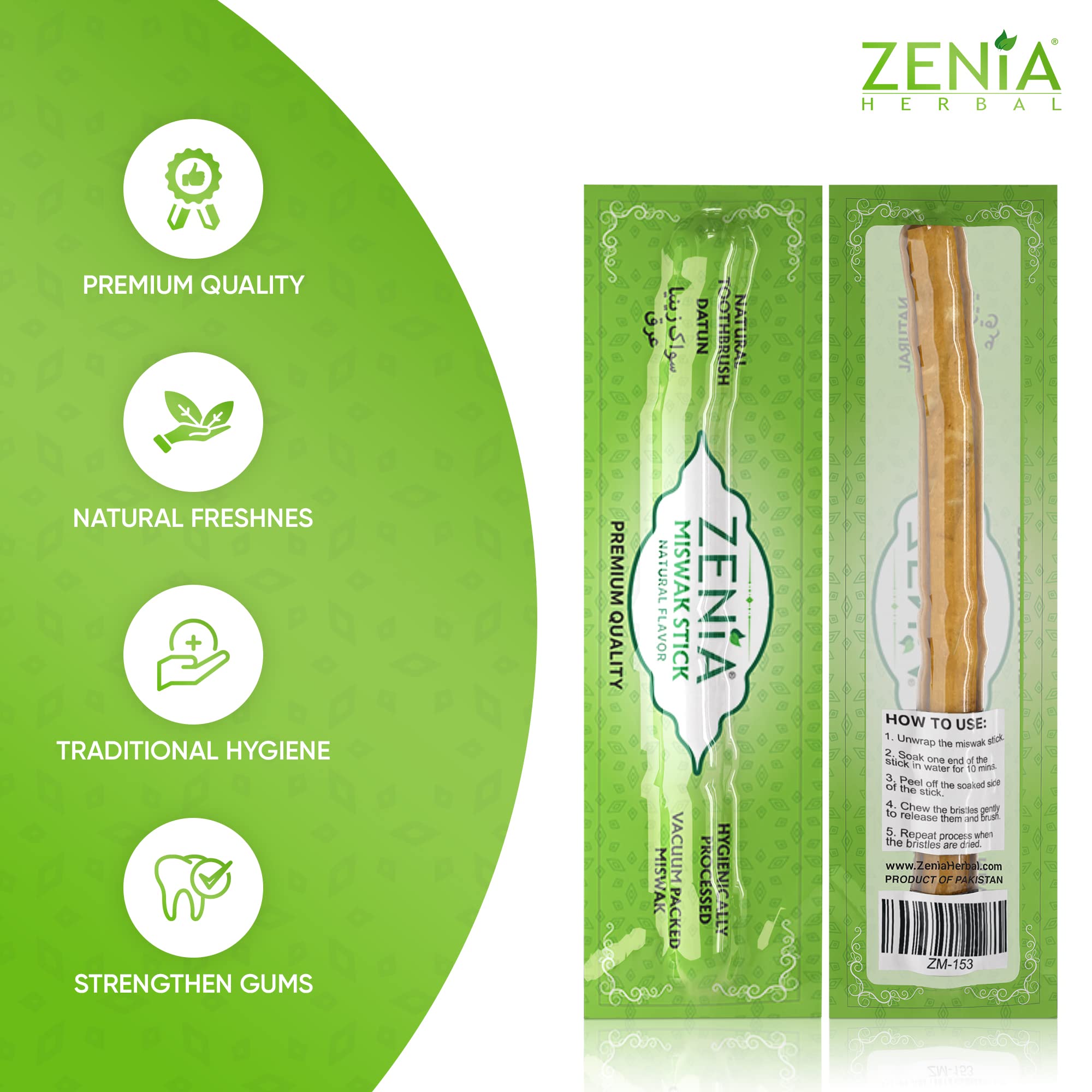Zenia miswak pack abierto con 12 palos, opción sin plástico ecológica