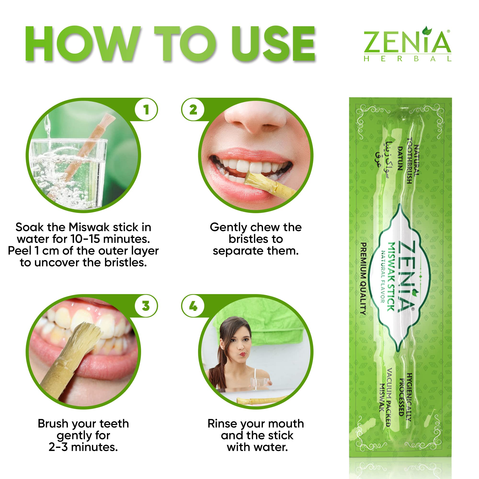 Zenia miswak comparación de tamaño junto a regla, práctico para viajes