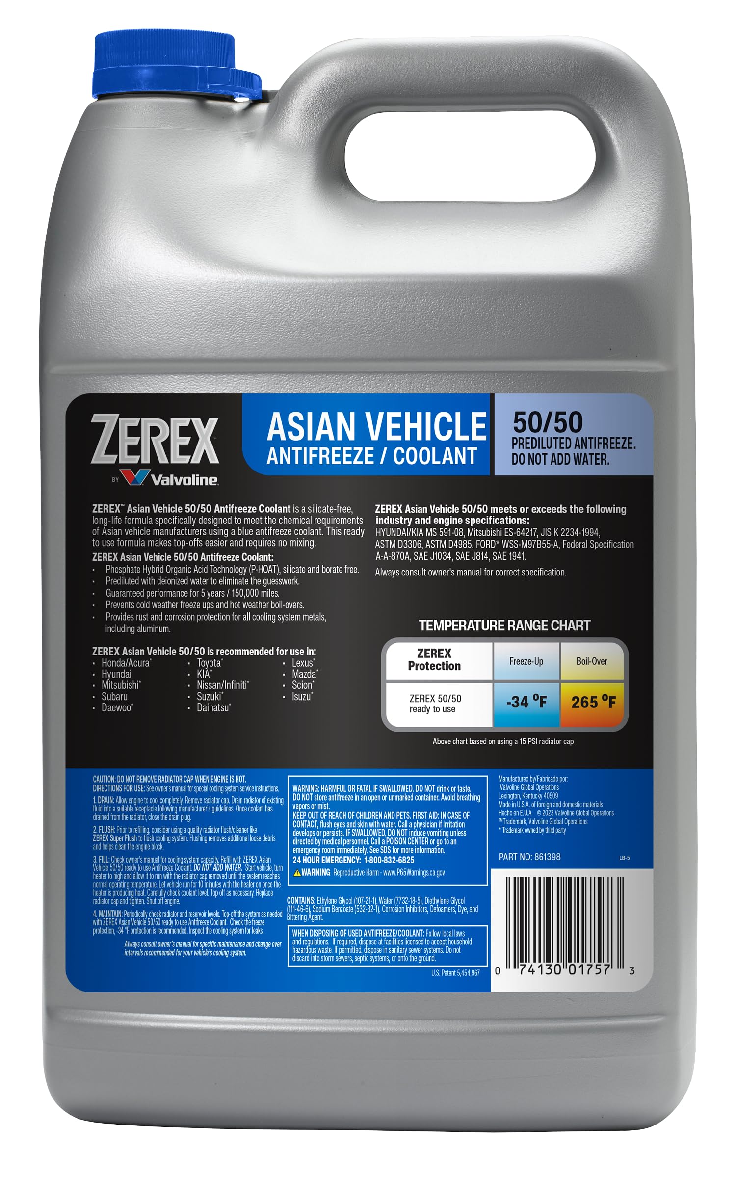 Zerex detalle de etiqueta con instrucciones y compatibilidad visible