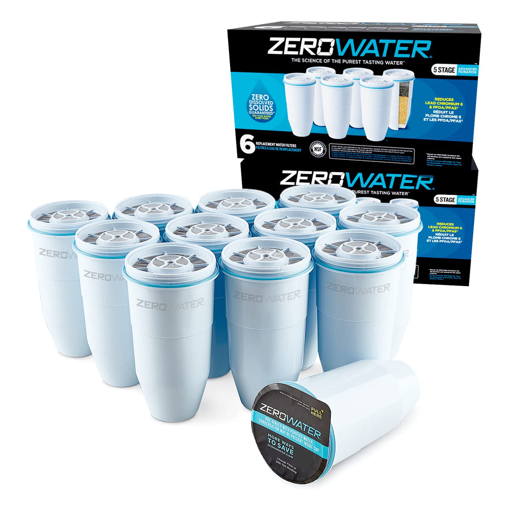 ZeroWater empaque frontal pack de 12 filtros mostrando cantidad y marca