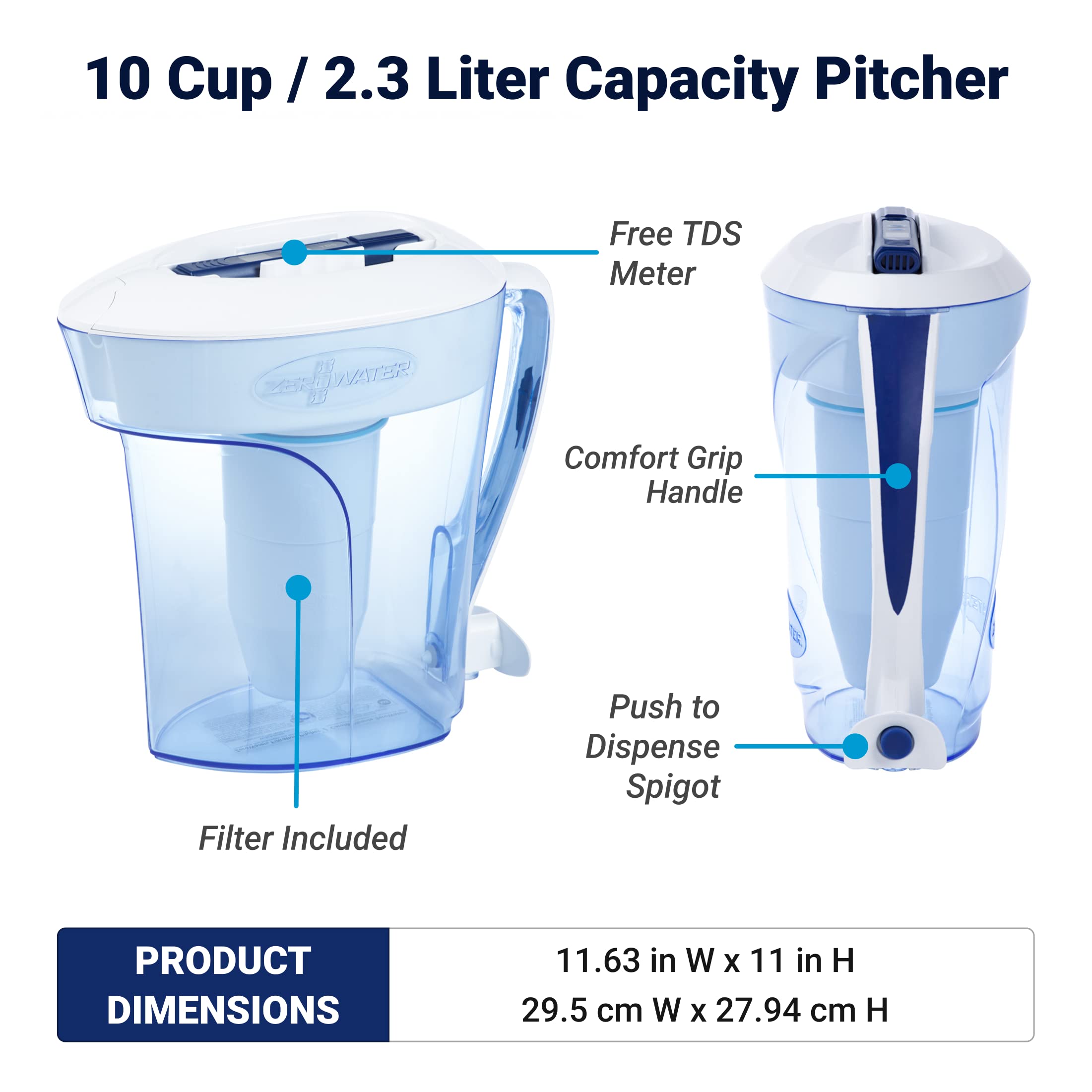 ZeroWater medidor TDS en mano indicando cuándo cambiar filtro, control seguro