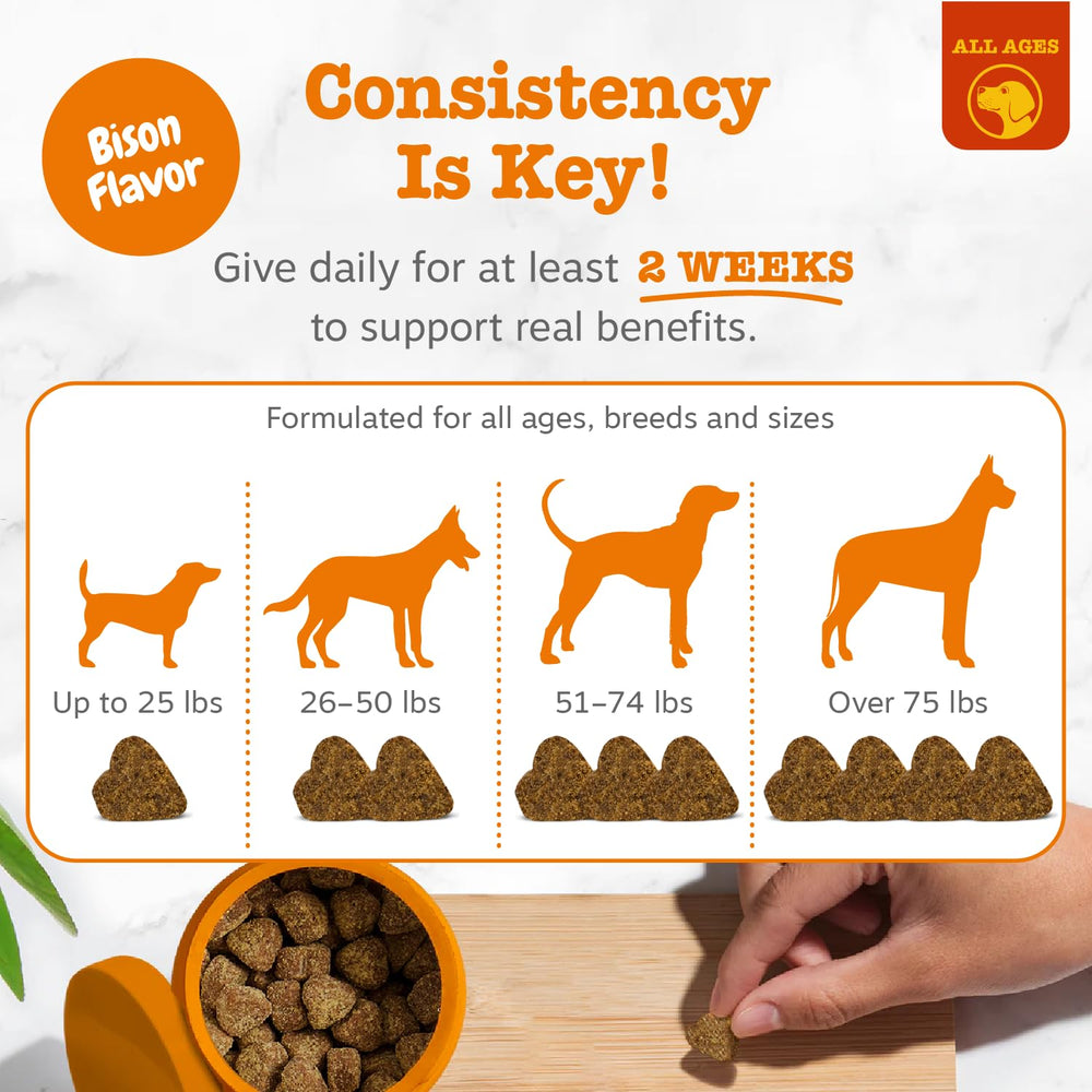 Zesty Paws ambiente hogareño con perro y frasco, uso cotidiano sencillo