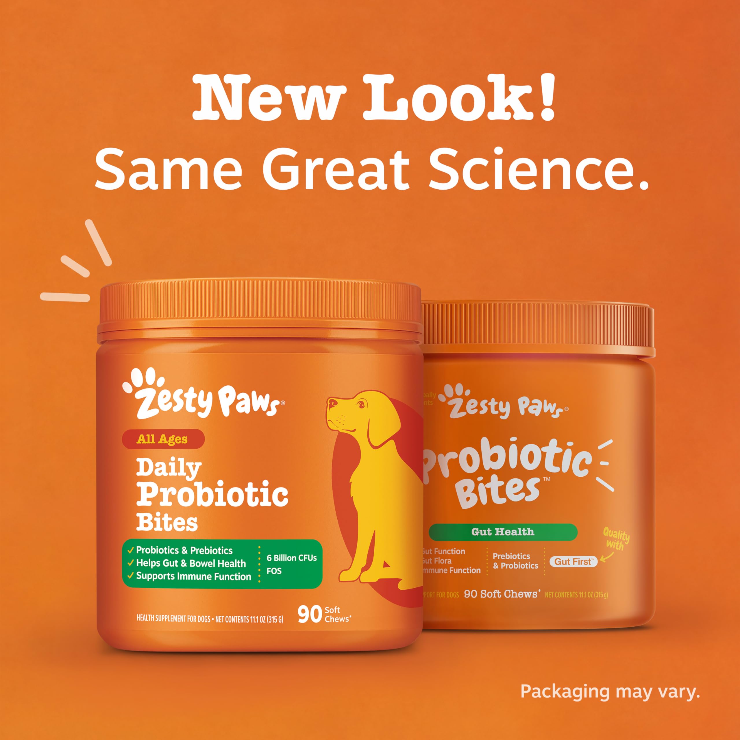 Zesty Paws varios bocados sobre superficie mostrando formato y cantidad