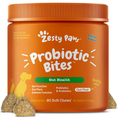 Zesty Paws envase frontal mostrando 90 masticables y beneficios digestivos