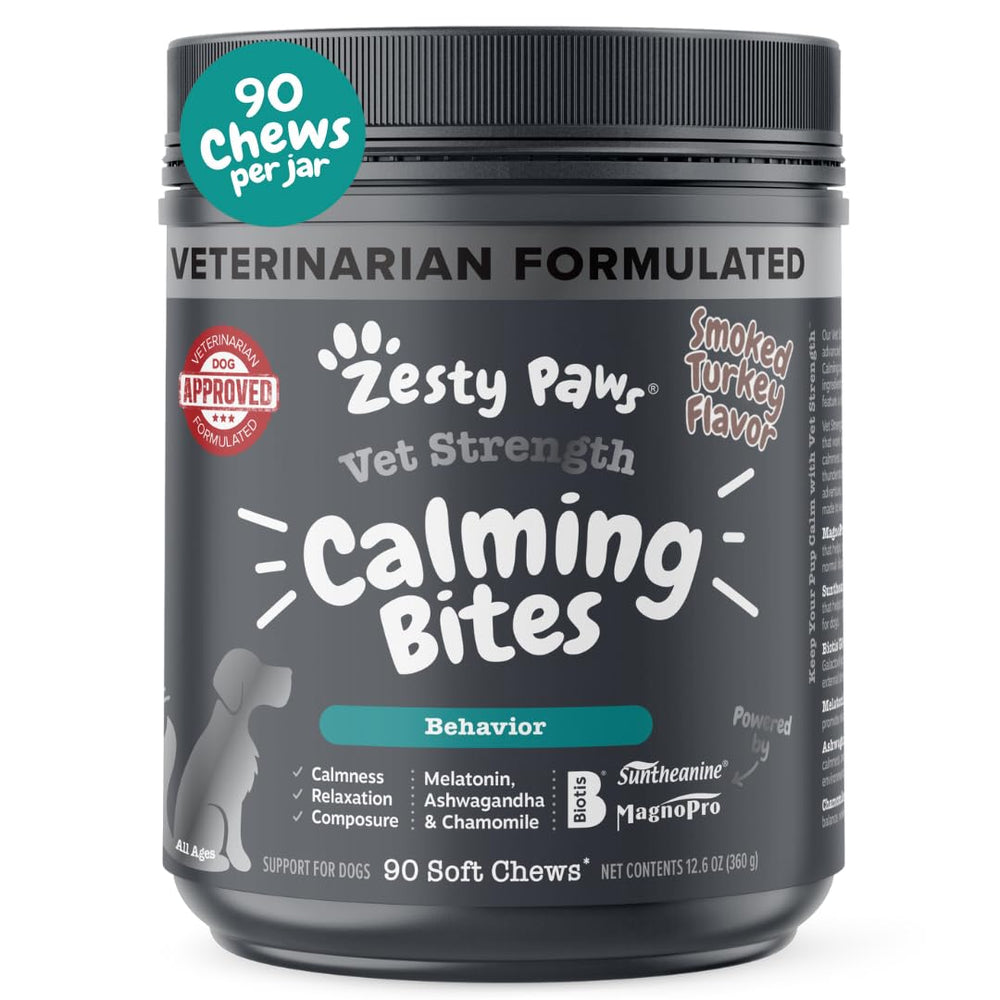 Zesty Paws envase frontal mostrando 90 masticables calmantes y beneficios