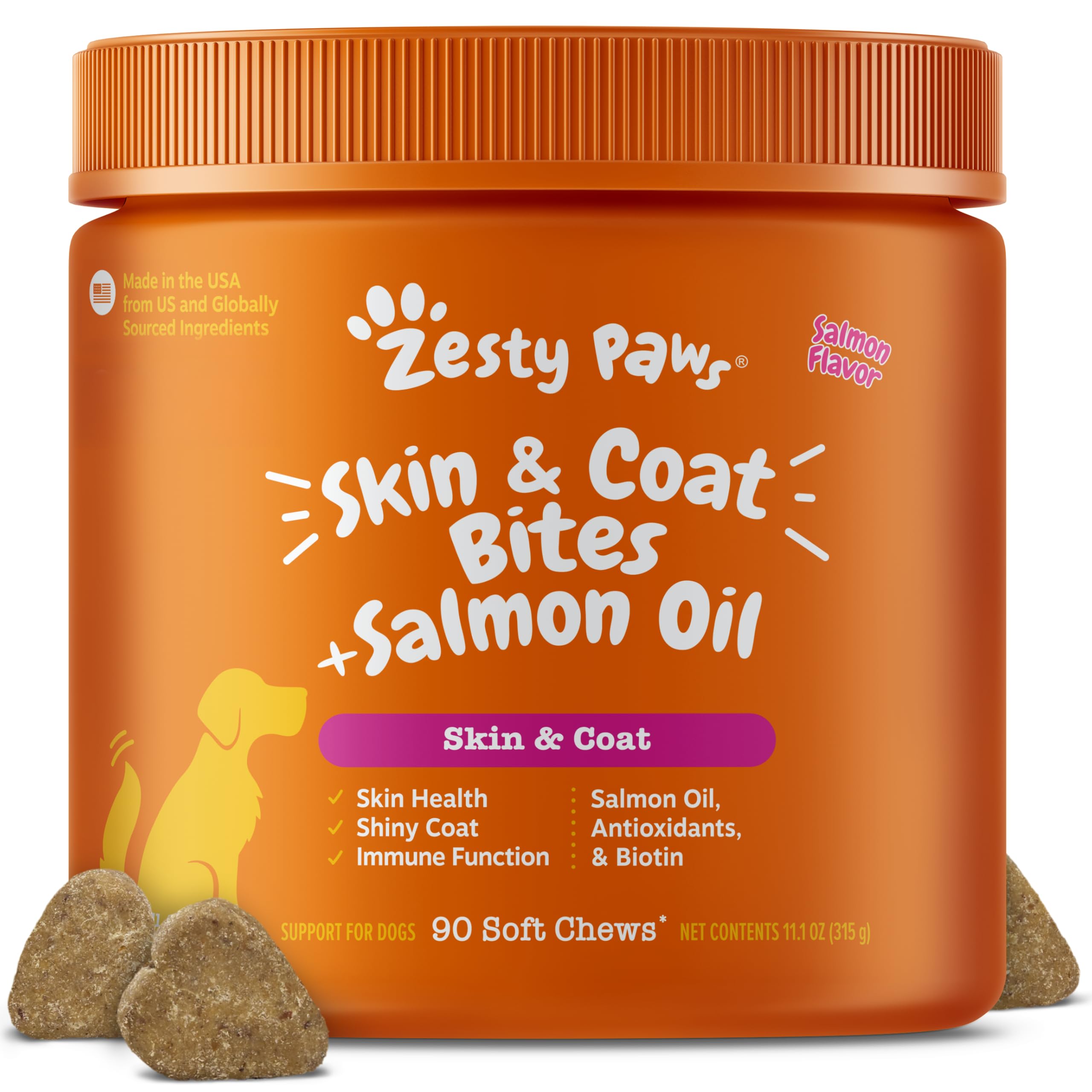 Zesty Paws envase frontal del suplemento para piel y pelaje, práctico