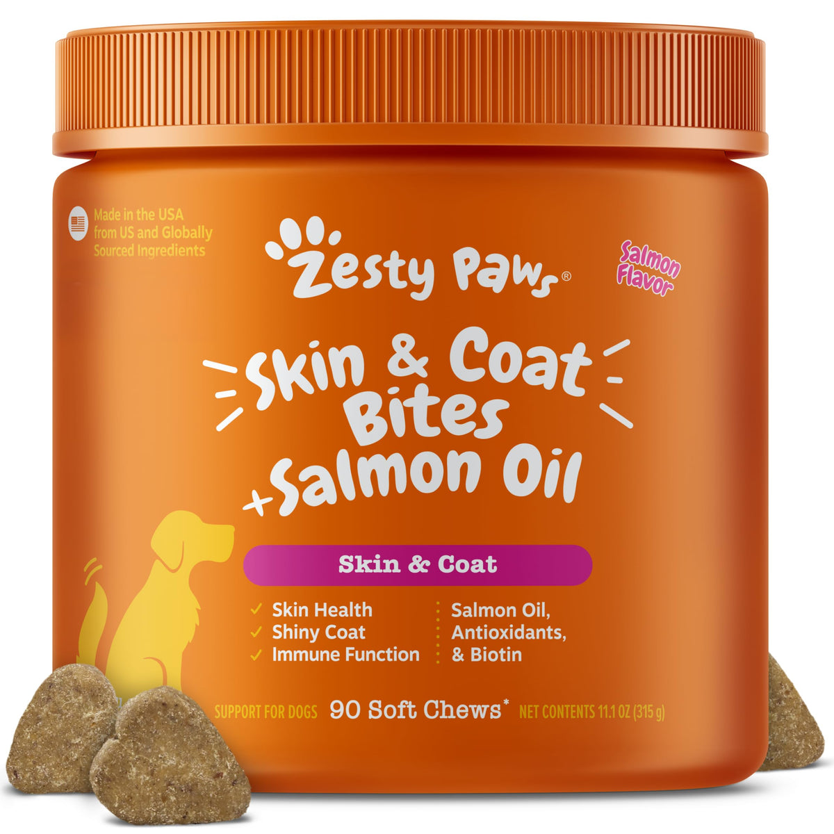 Zesty Paws envase frontal del suplemento para piel y pelaje, práctico