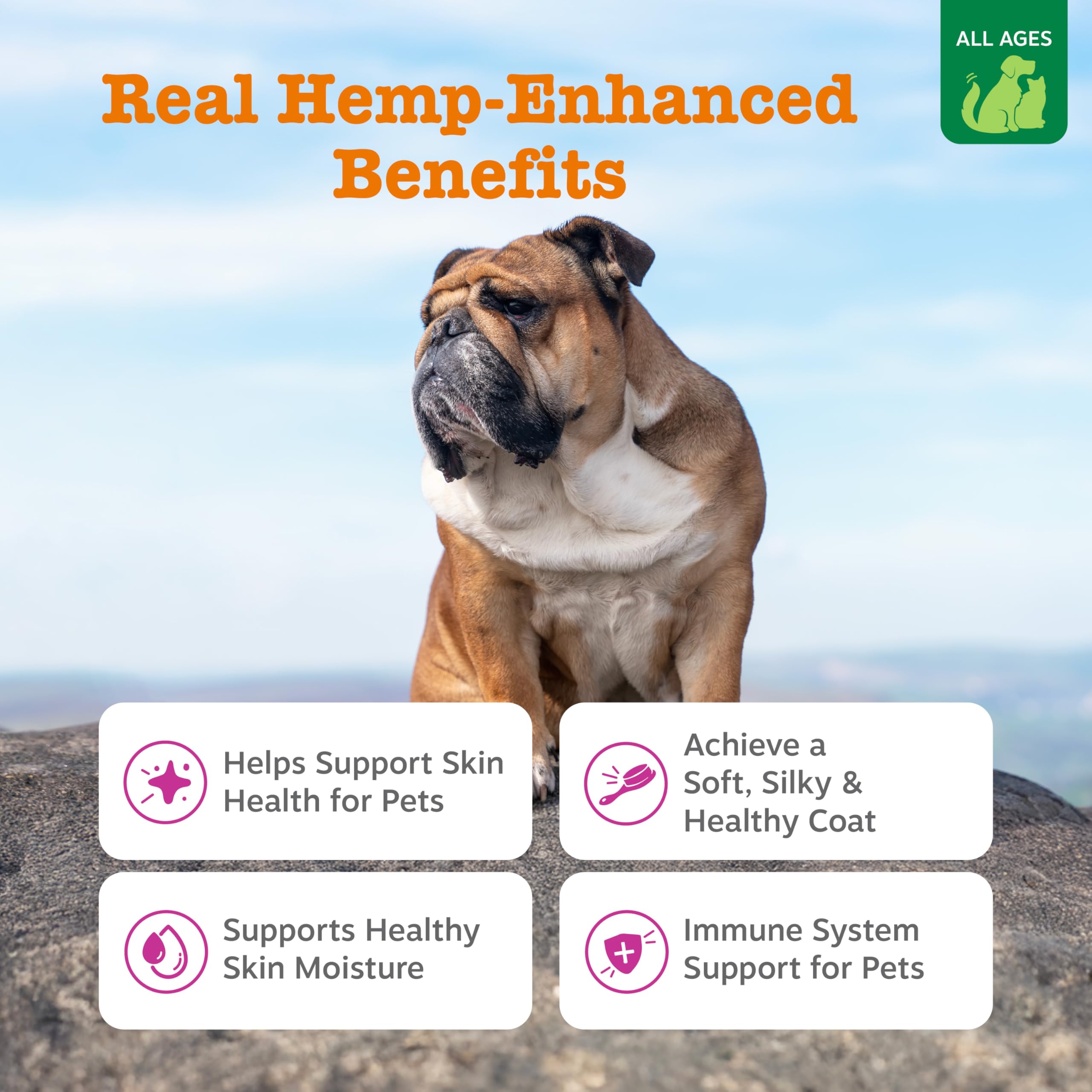 Zesty Paws etiqueta con ingredientes destacando omega‑3 y hemp para confianza