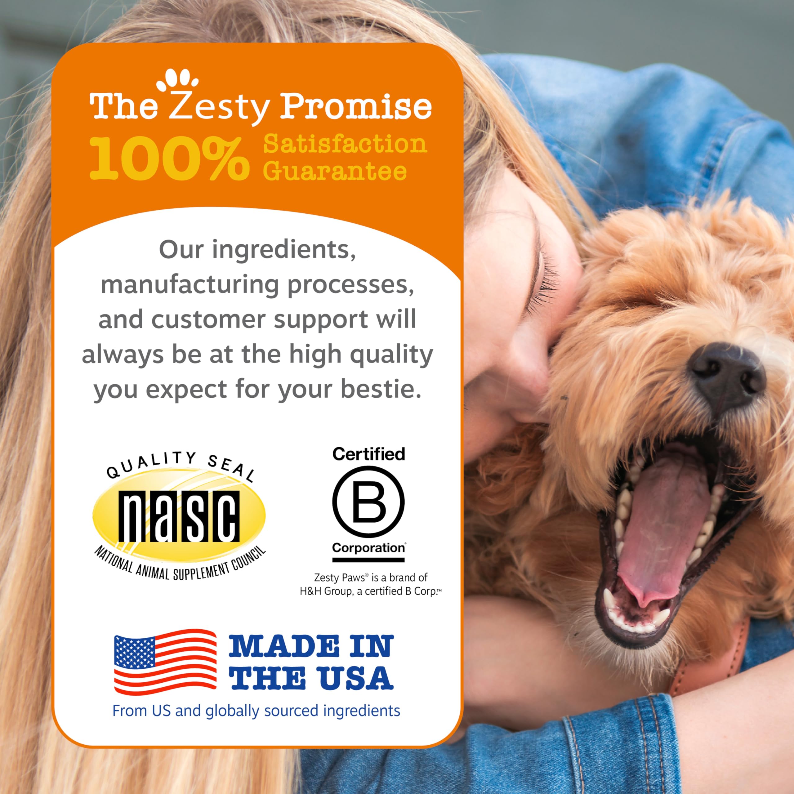 Zesty Paws etiqueta con ingredientes y dosis para instrucciones claras