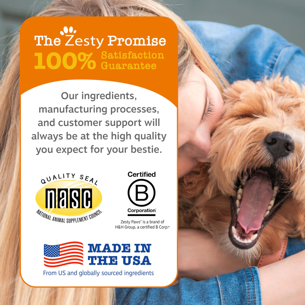 Zesty Paws etiqueta con ingredientes y dosis para instrucciones claras