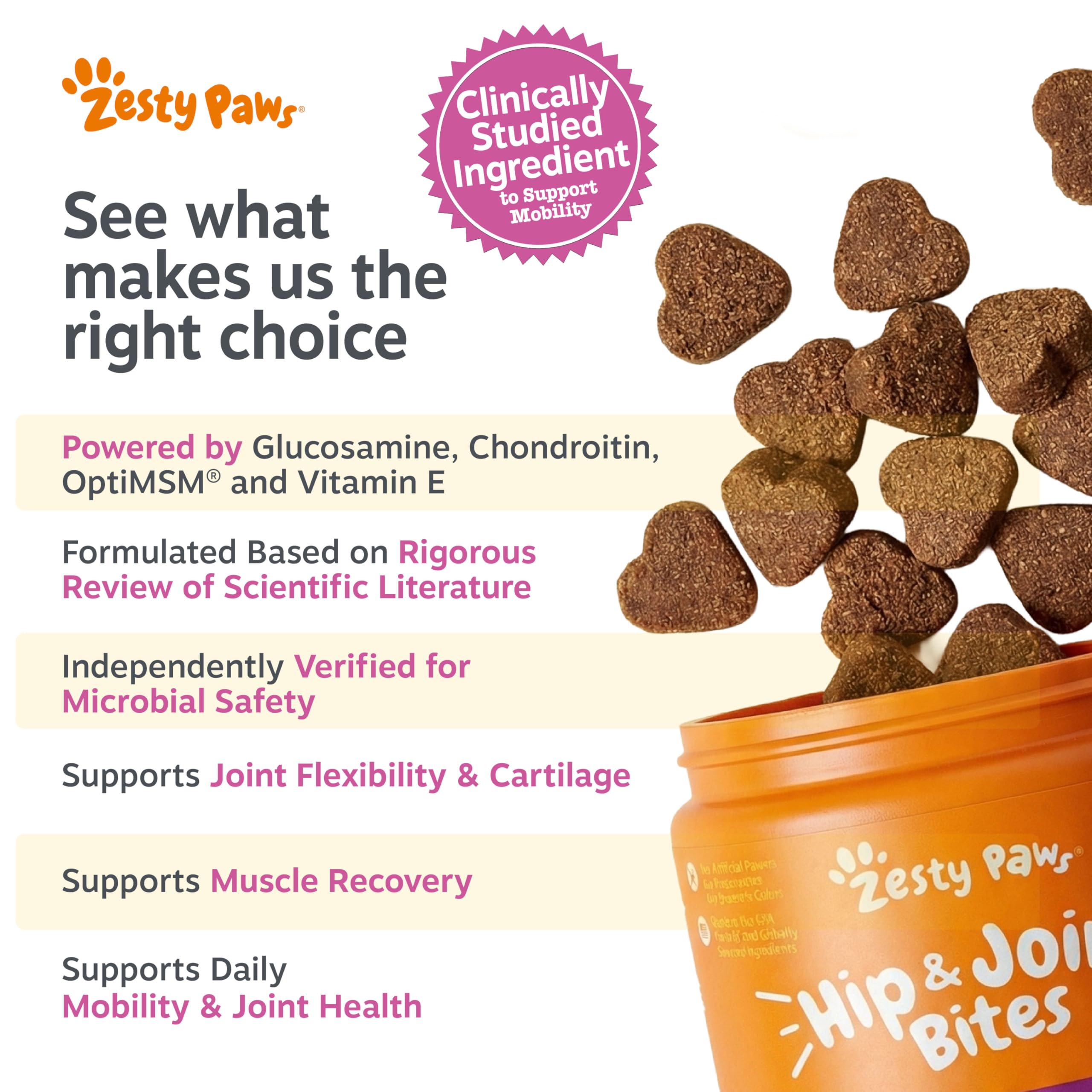 Zesty Paws etiqueta con ingredientes clave OptiMSM y glucosamina visible