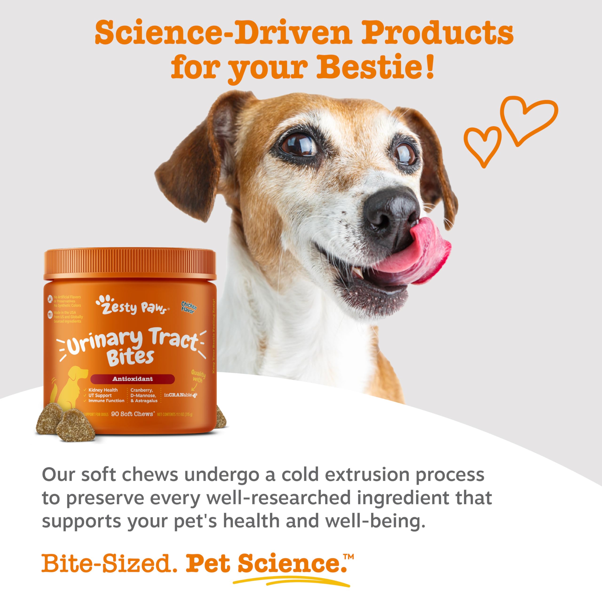 Zesty Paws etiqueta con ingredientes y beneficios del producto