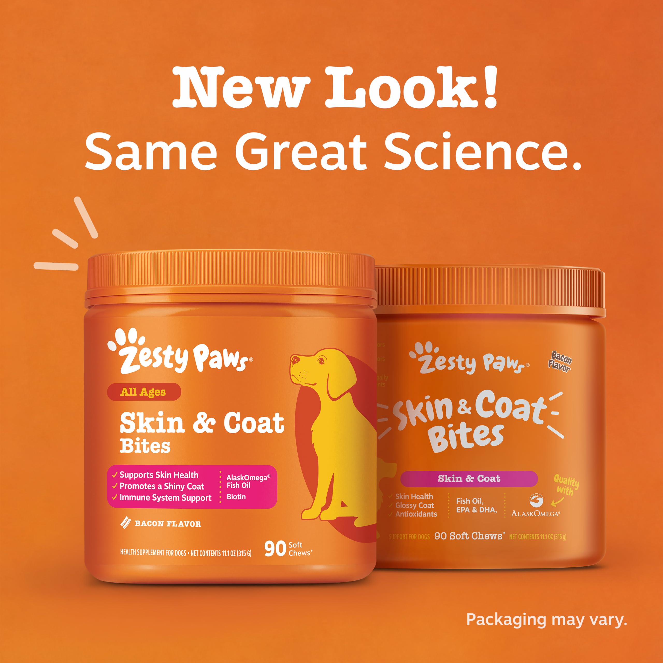 Zesty Paws frasco abierto con chews dispersos listos para administrar