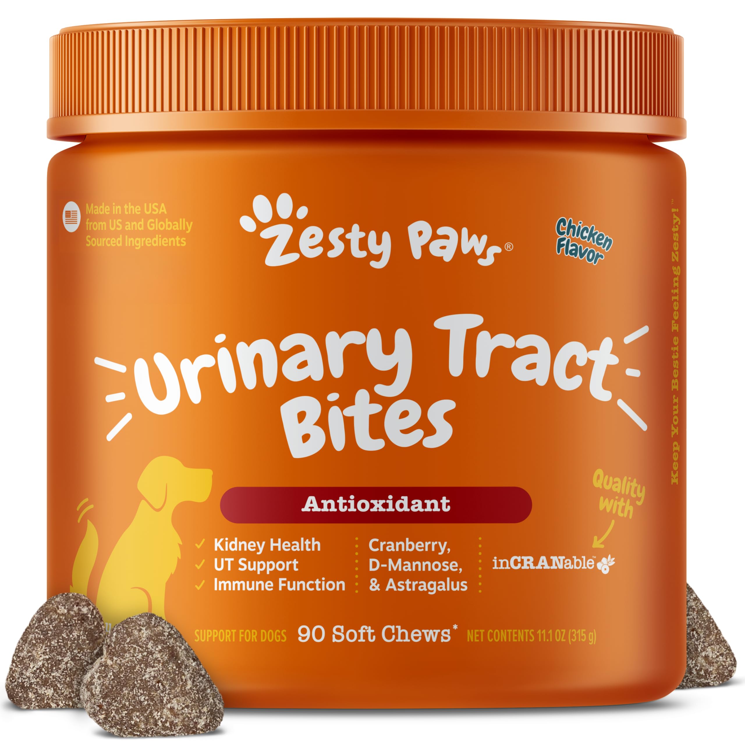 Zesty Paws frasco delantero mostrando 90 unidades y apoyo urinario