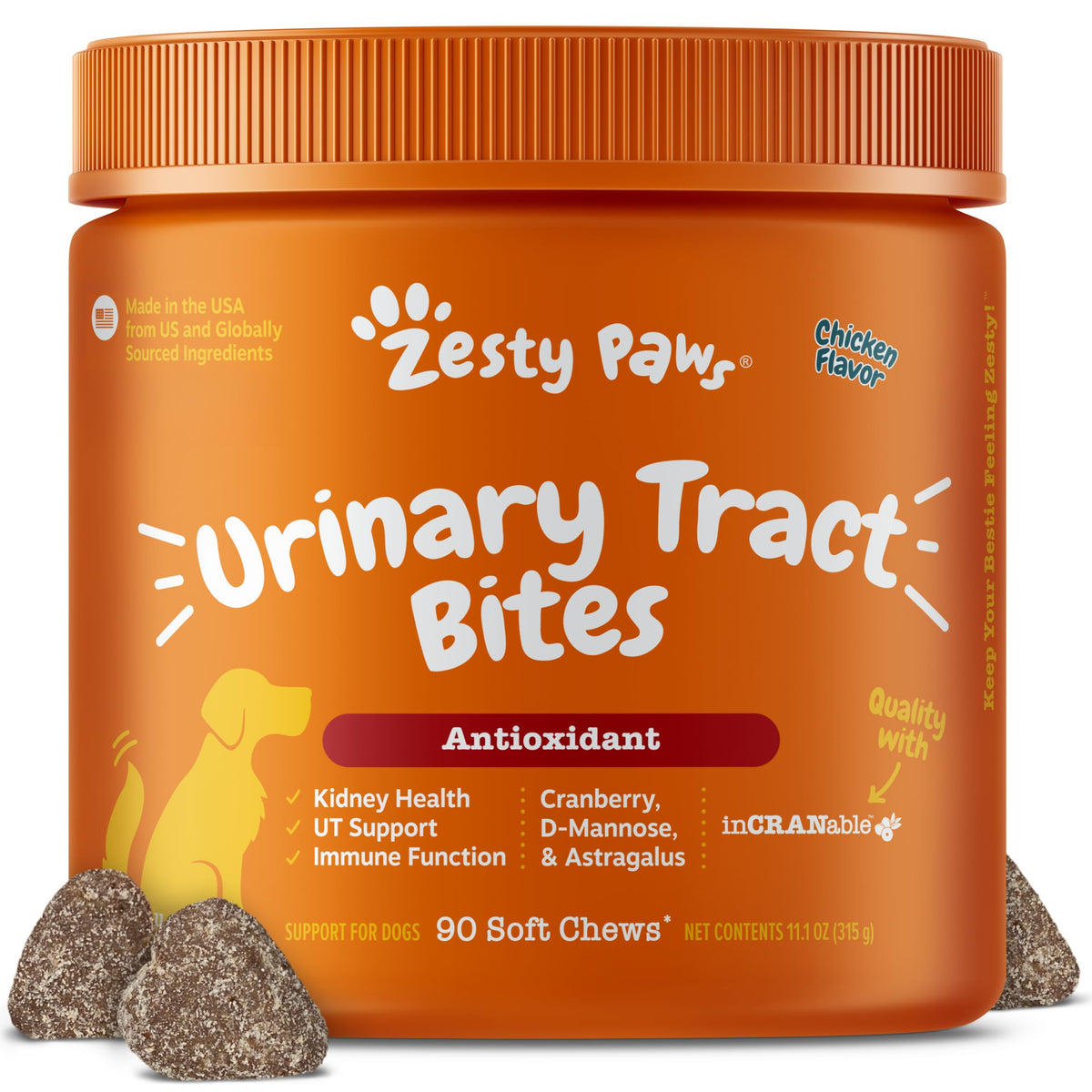 Zesty Paws frasco delantero mostrando 90 unidades y apoyo urinario
