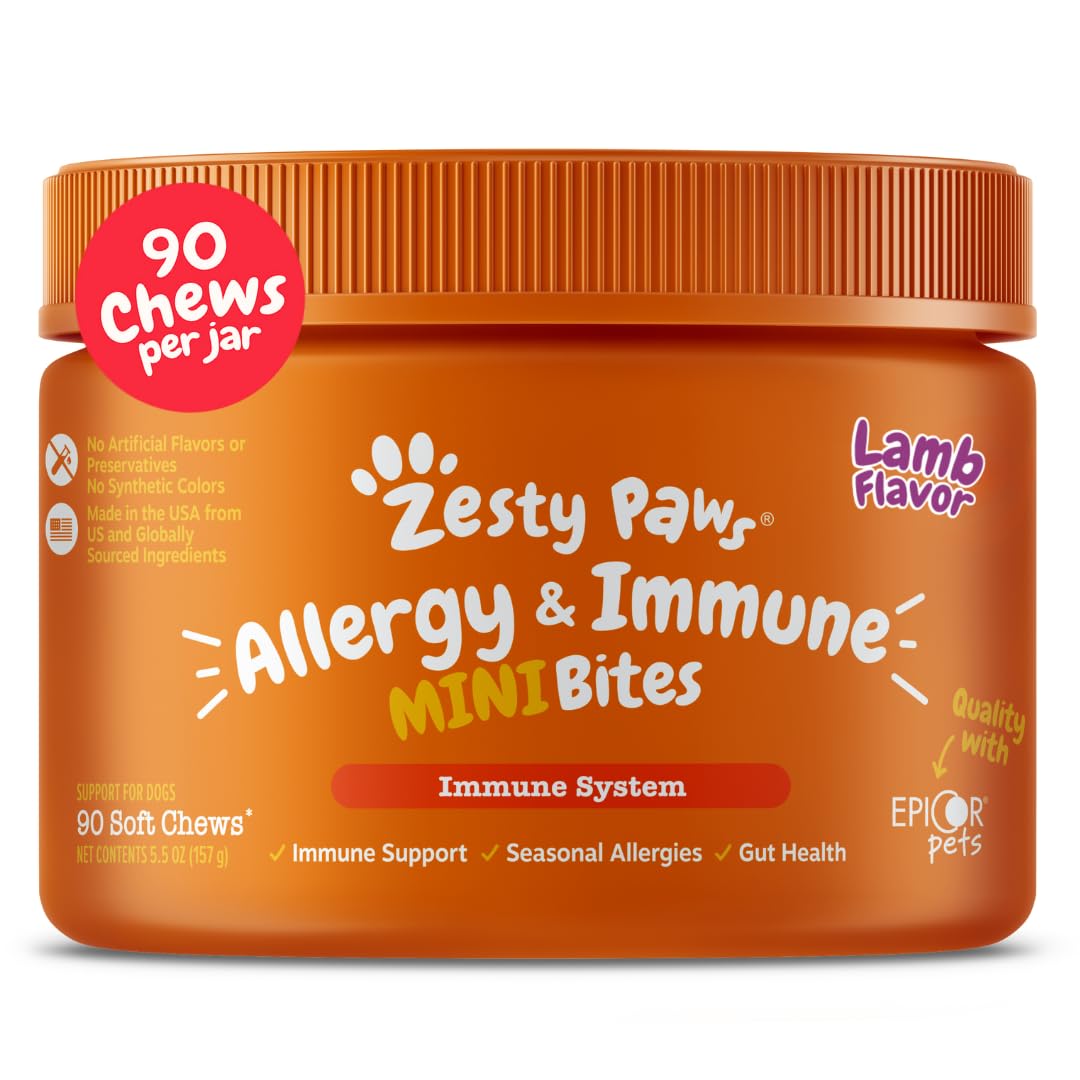 Zesty Paws frasco frontal mostrando 90 chews y ventaja de administración fácil