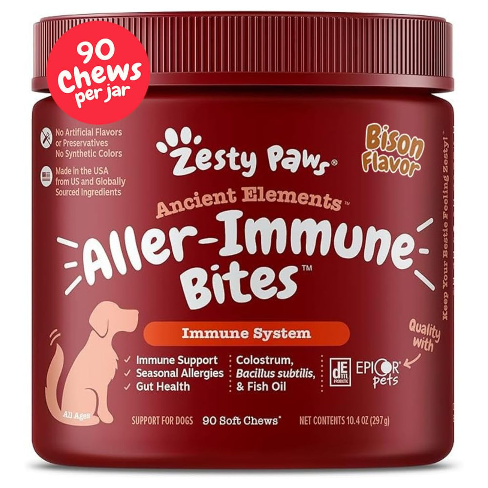 Zesty Paws frasco frontal mostrando 90 masticables bisonte, fácil administración