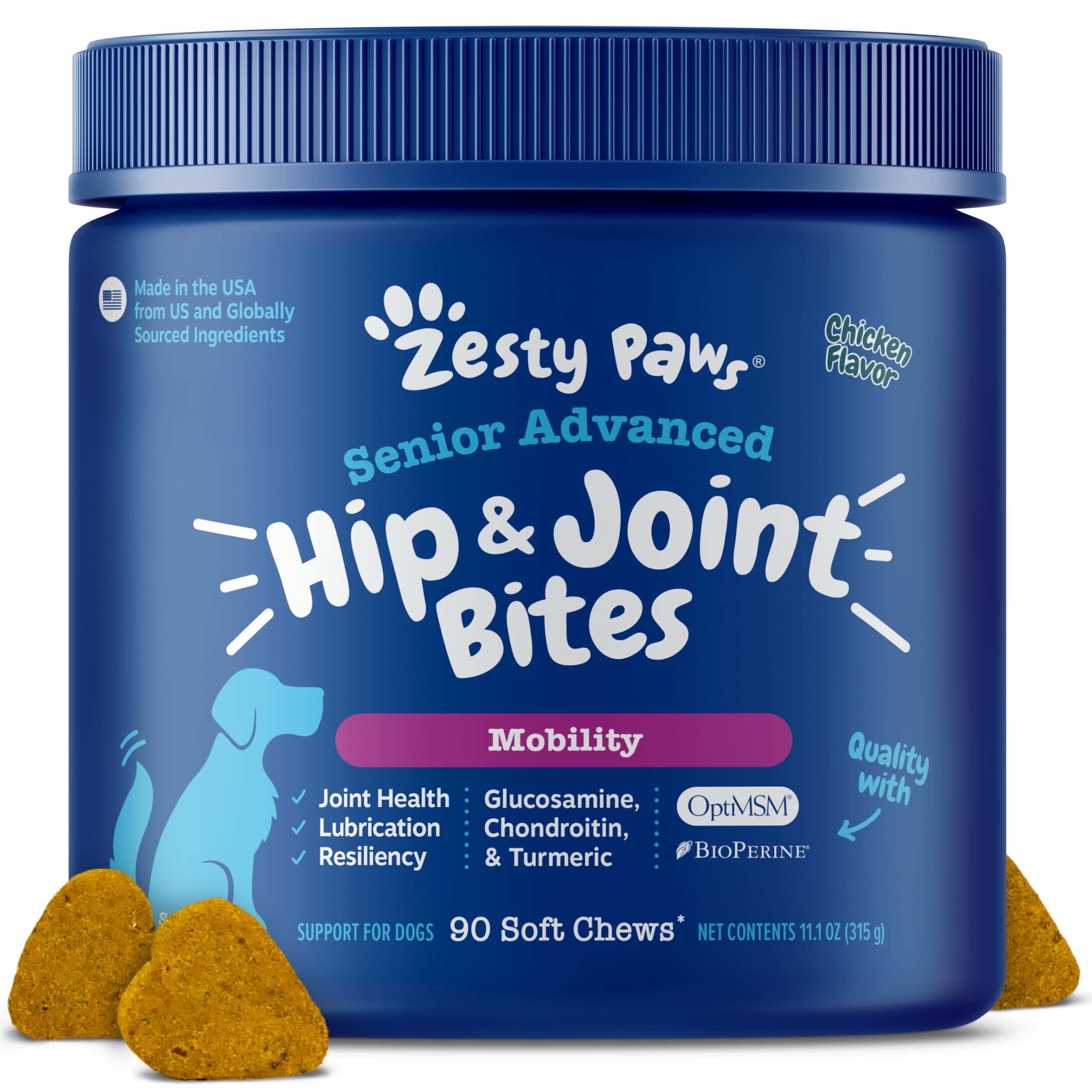 Zesty Paws frente del empaque mostrando 90 unidades y beneficios para movilidad