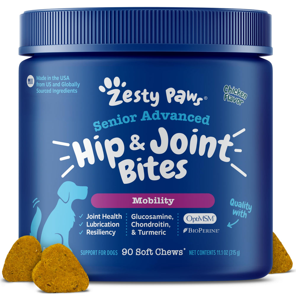 Zesty Paws frente del empaque mostrando 90 unidades y beneficios para movilidad