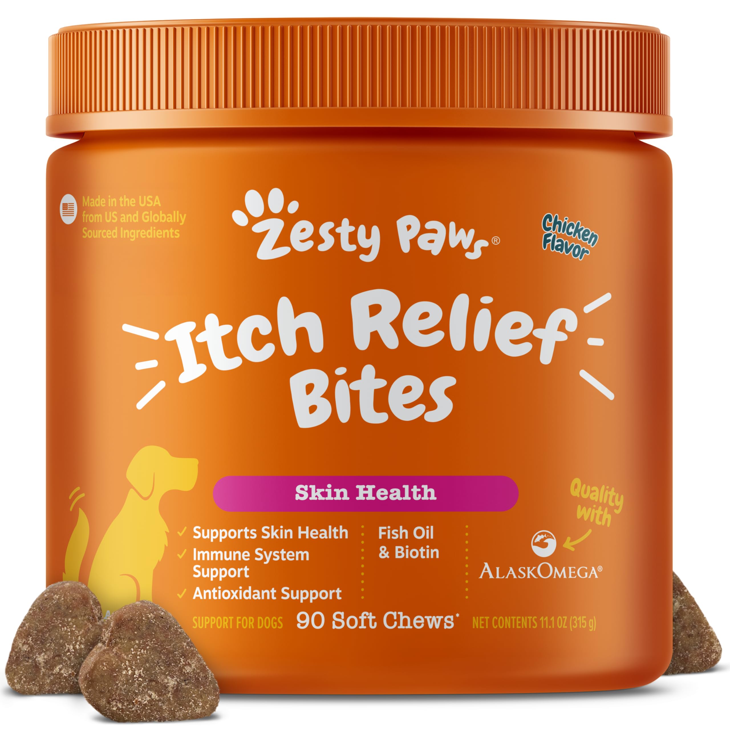 Zesty Paws frente del empaque mostrando 90ct y beneficios