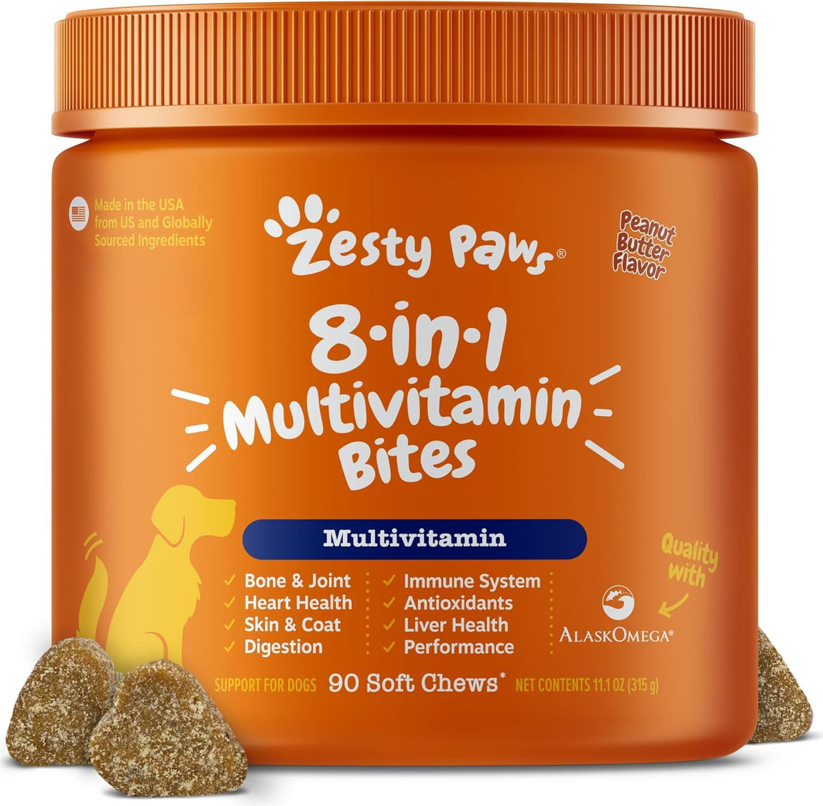 Zesty Paws frente del envase mostrando 90 chuches y beneficios visibles