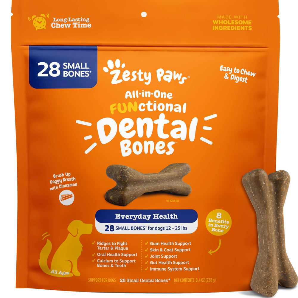 Zesty Paws frente del envase mostrando 28 unidades y beneficios visibles