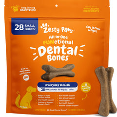 Zesty Paws frente del envase mostrando 28 unidades y beneficios visibles