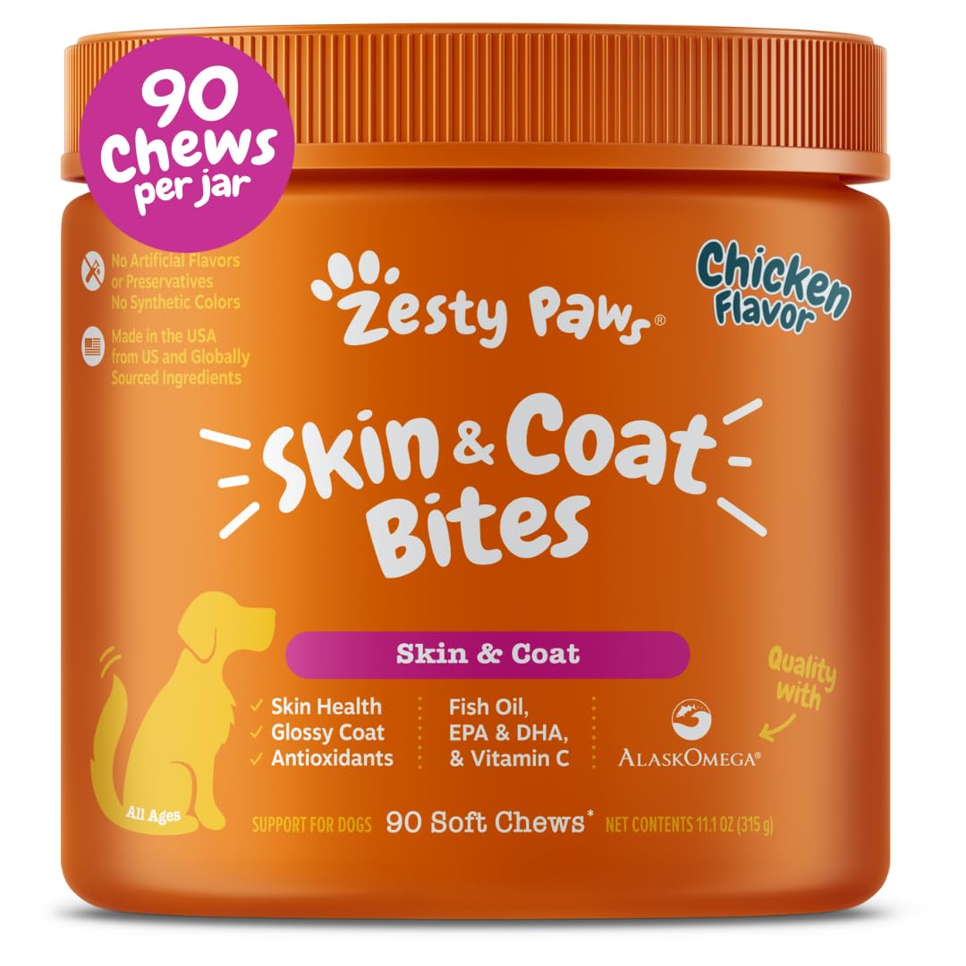 Zesty Paws envase frontal mostrando 90 soft chews y beneficios