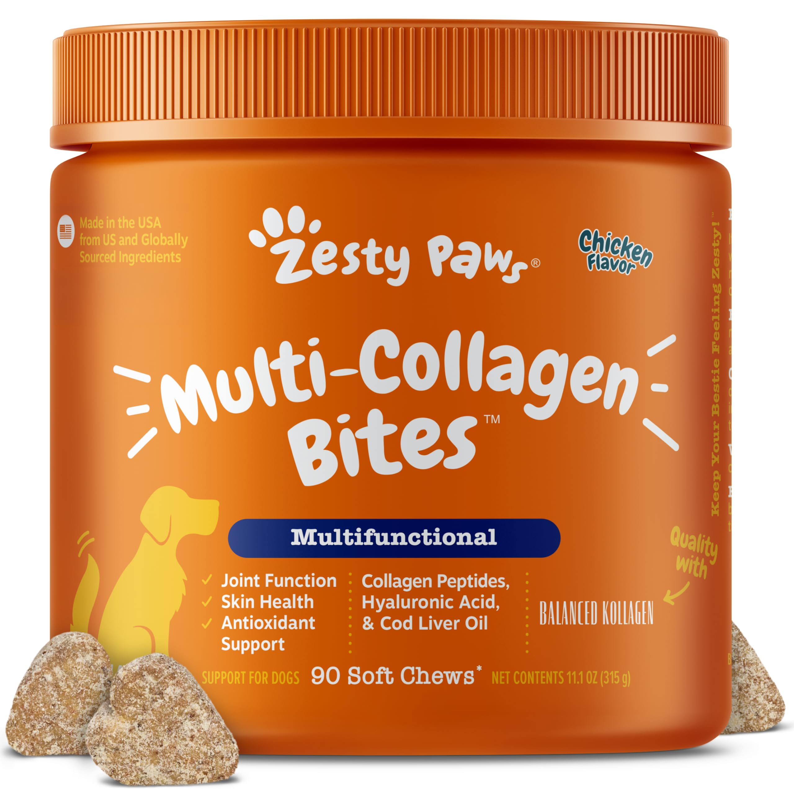 Zesty Paws frontal del envase mostrando 90 gomitas y beneficios