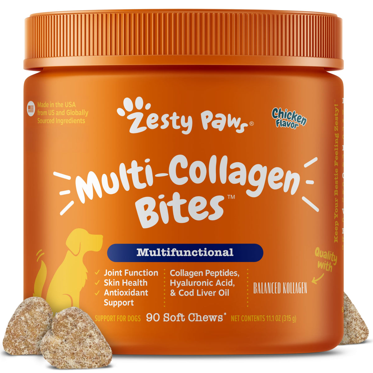 Zesty Paws frontal del envase mostrando 90 gomitas y beneficios