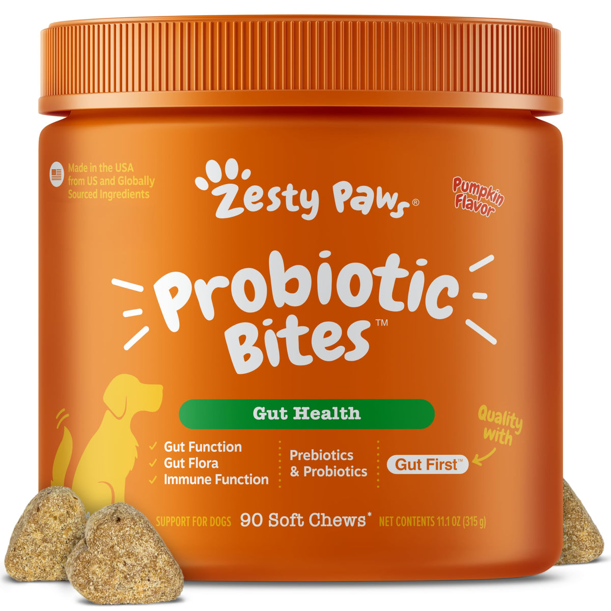 Zesty Paws frontal del envase mostrando 90 masticables y beneficios