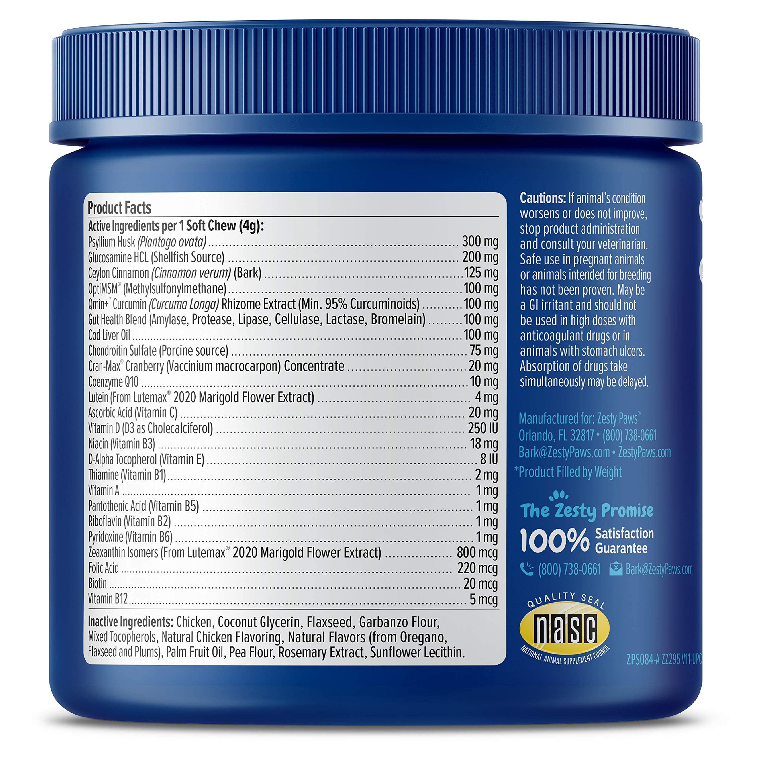 Zesty Paws etiqueta con ingredientes destacados, transparencia y confianza
