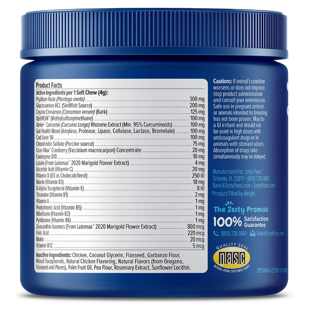 Zesty Paws etiqueta con ingredientes destacados, transparencia y confianza