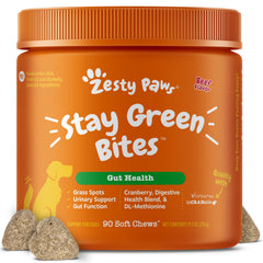 Zesty Paws bote frontal mostrando 90 masticables para césped sano