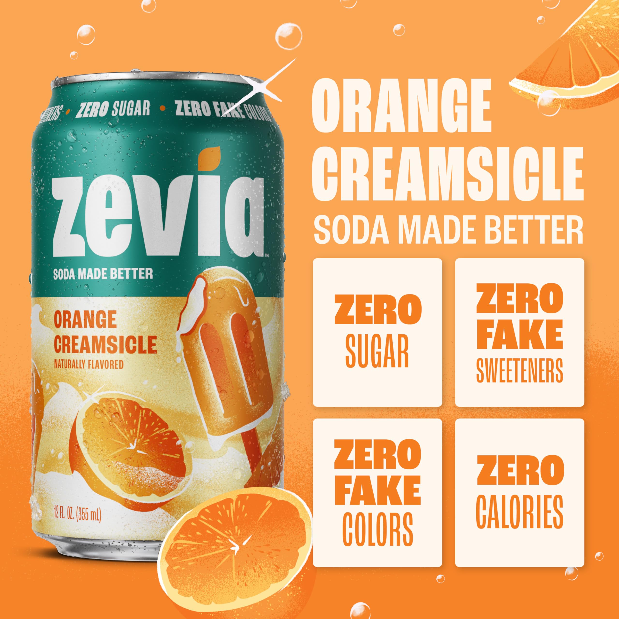 Zevia textura de espuma y burbujas resaltando frescura y sabor cremoso