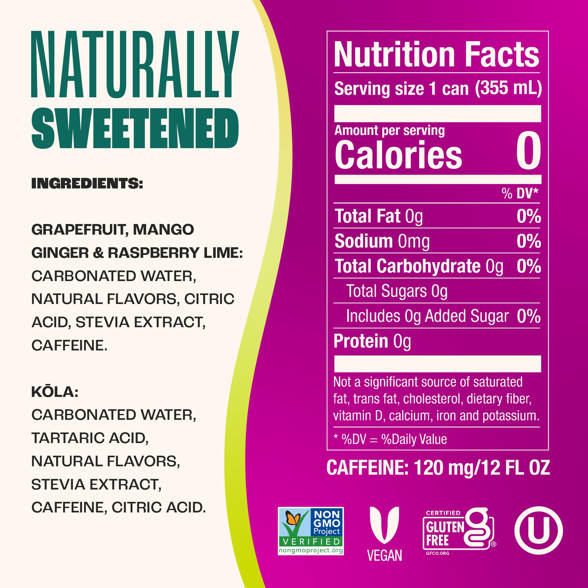 Zevia etiqueta con sellos Non-GMO, gluten free y vegan como garantía