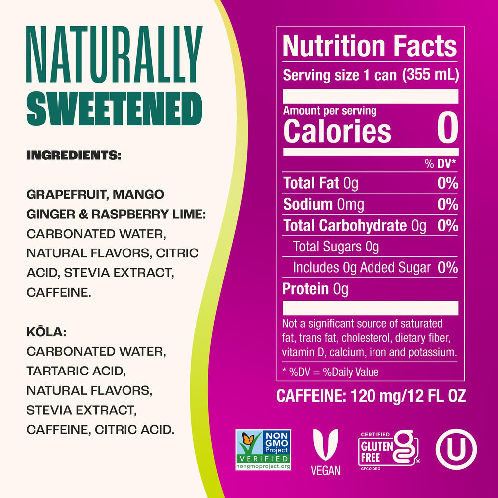 Zevia etiqueta con sellos Non-GMO, gluten free y vegan como garantía