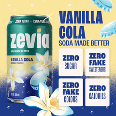 Close-up of a Zevia Vanilla Cola can texture and logo, clear label for quick ID