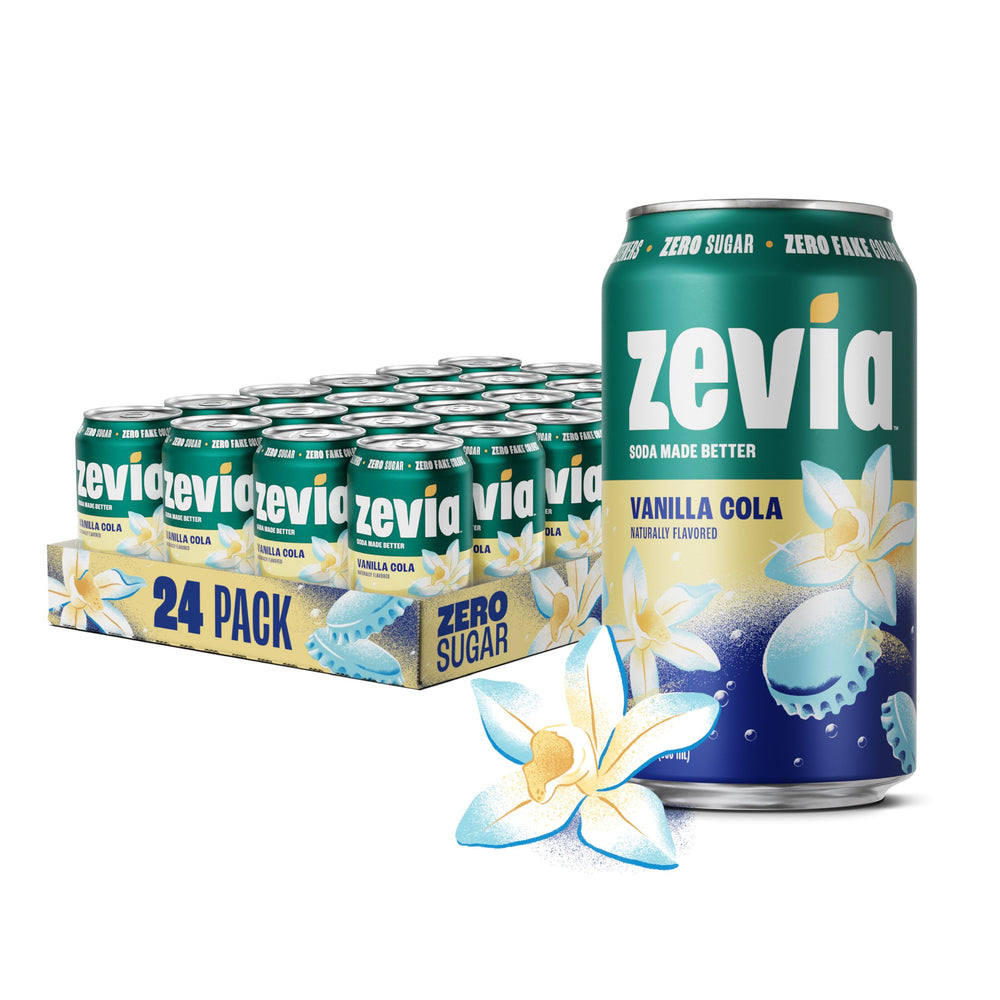 Zevia front packaging of 24-pack showing cans and branding, convenient storage benefit