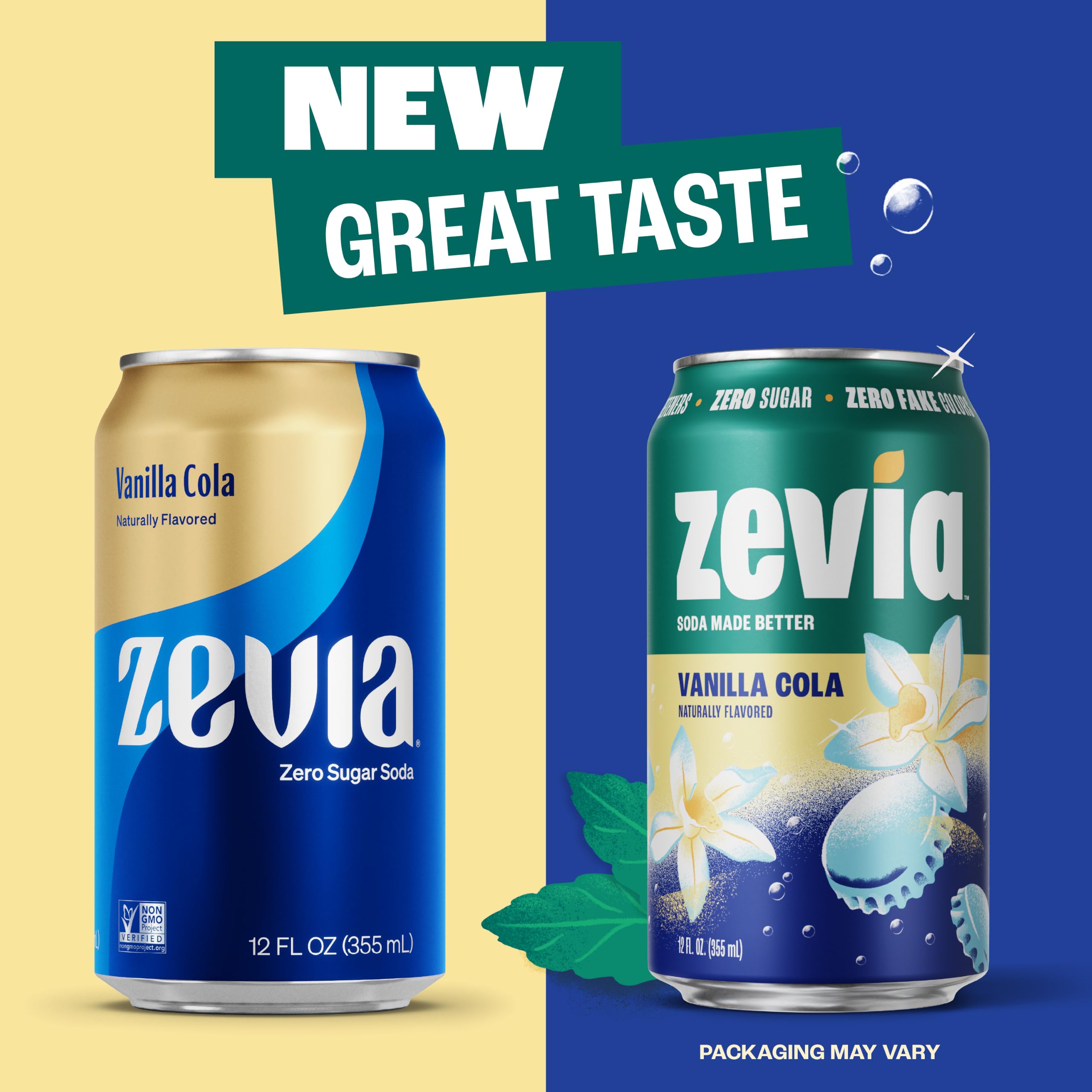 Open Zevia can being poured into glass with ice, refreshing taste without sugar