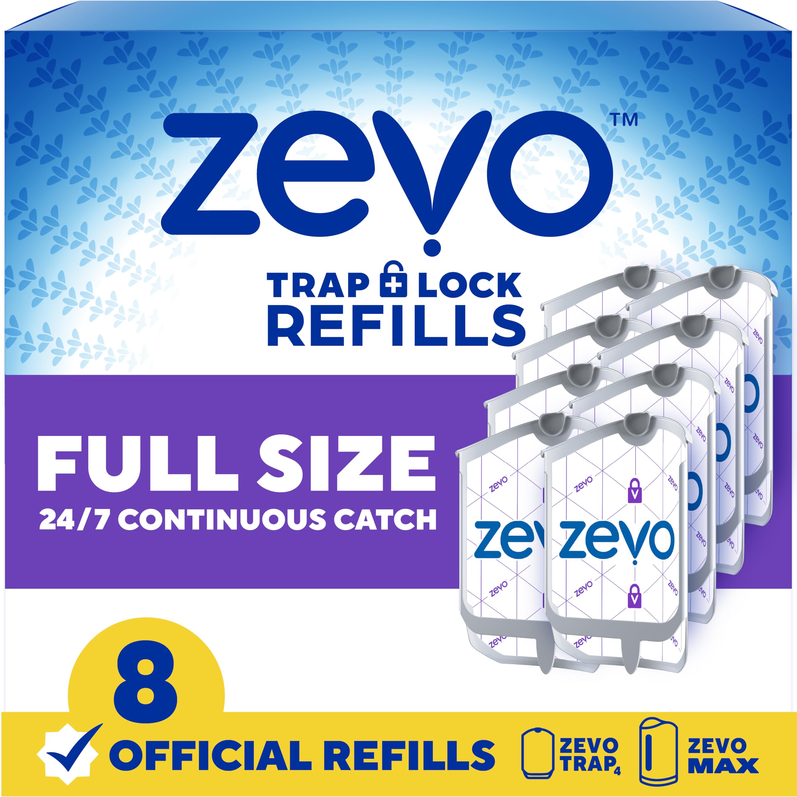 ZEVO front packaging showing eight refill cartridges and pack benefit