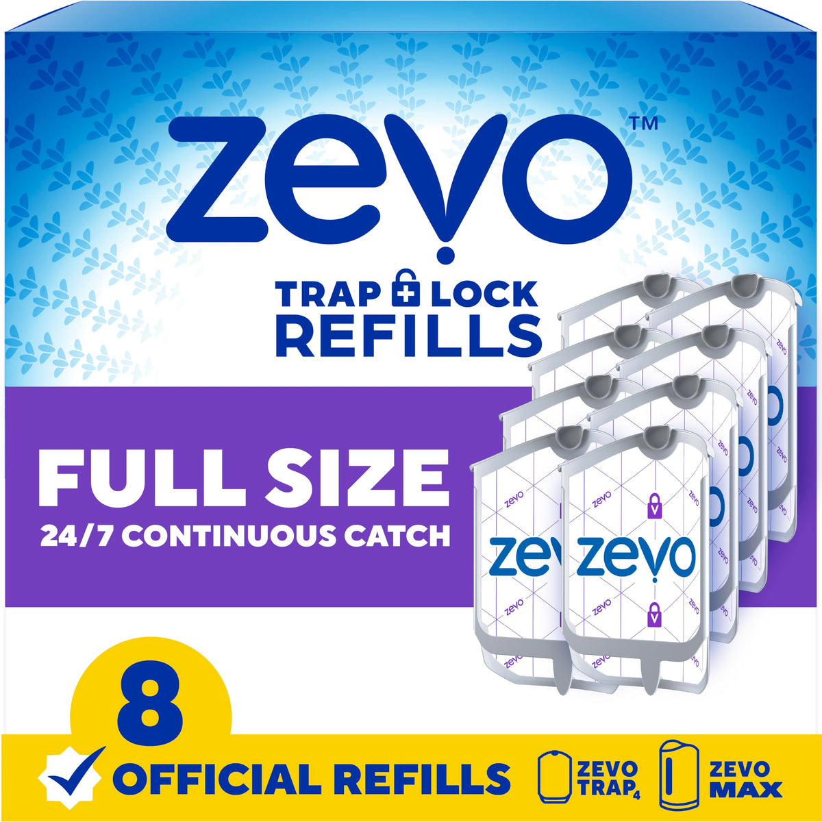 ZEVO front packaging showing eight refill cartridges and pack benefit
