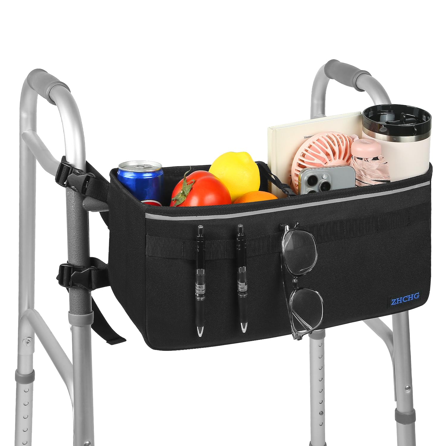 ZHCHG cesta para andador frontal mostrando gran capacidad y acceso fácil