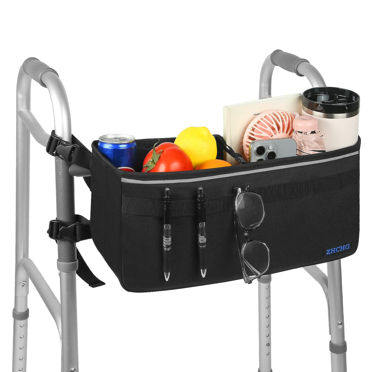 ZHCHG cesta para andador frontal mostrando gran capacidad y acceso fácil