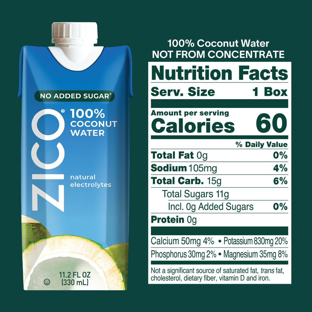 ZICO botella 11.2 fl oz detalle de etiqueta y tapa para consumo individual