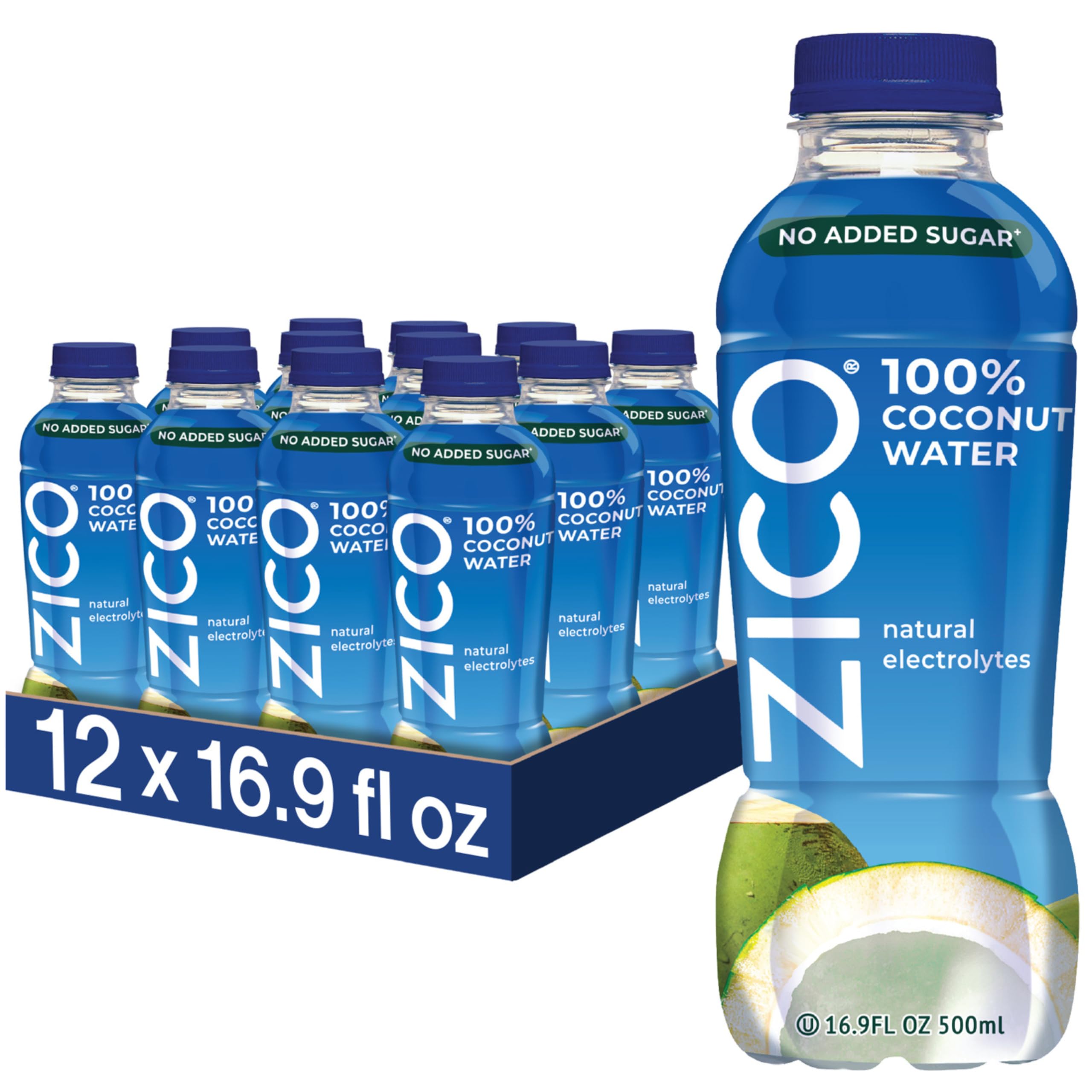 ZICO frente del pack de 12 botellas mostrando marca y formato práctico