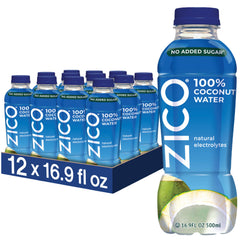 ZICO frente del pack de 12 botellas mostrando marca y formato práctico