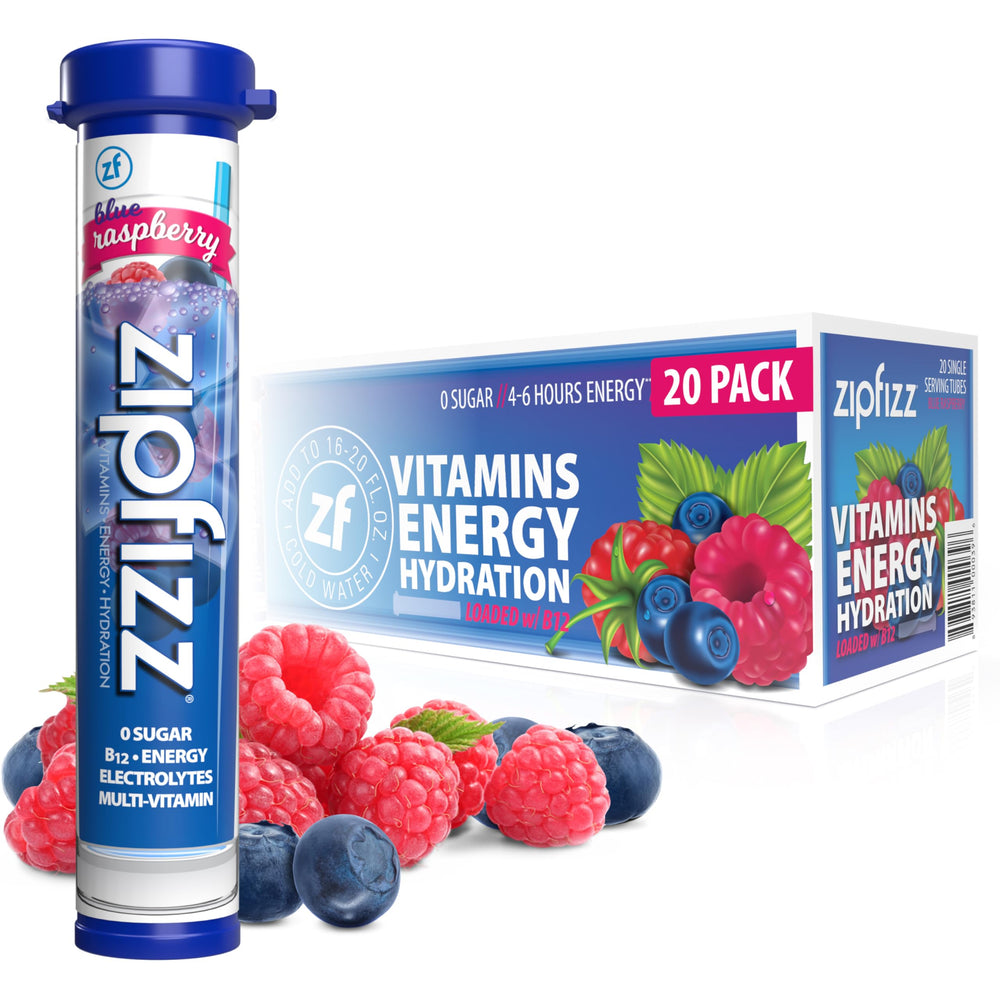 Zipfizz frente del empaque Blue Raspberry mostrando 20 sobres y beneficio práctico