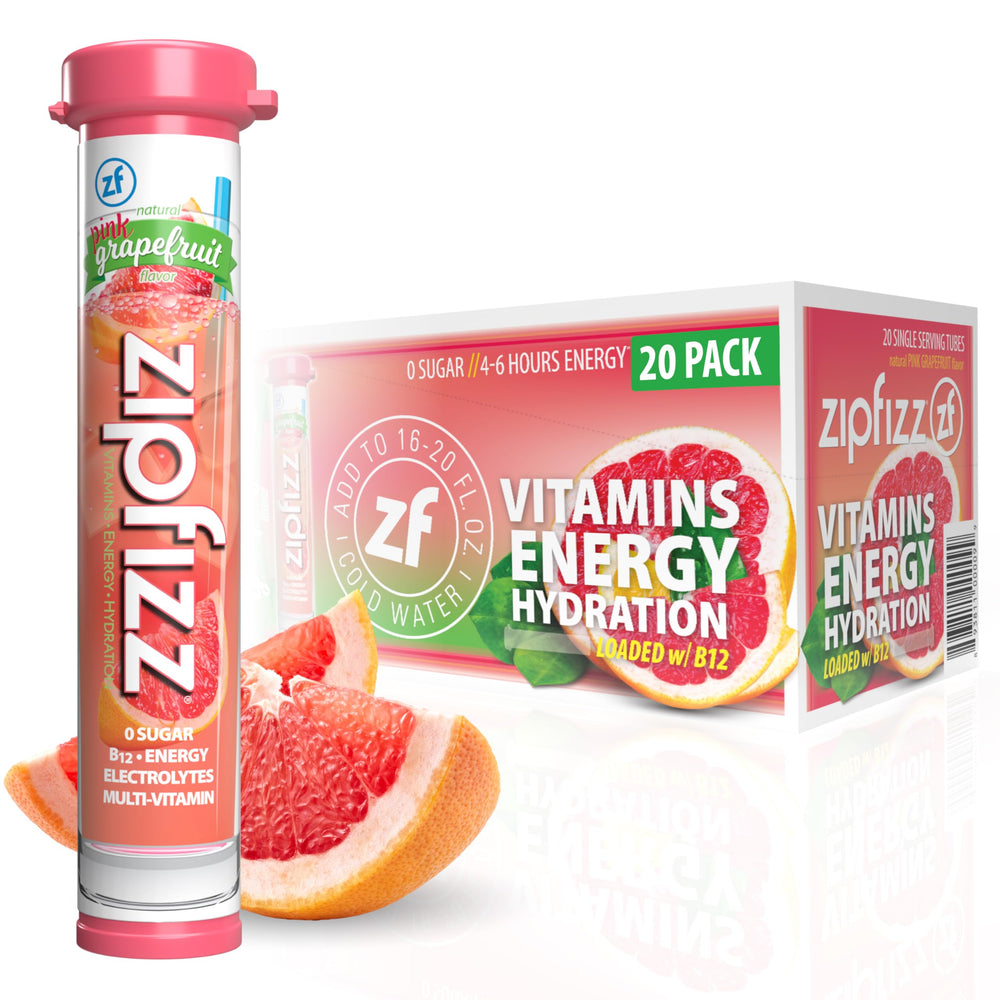 Zipfizz front pouch showing pink grapefruit packaging and convenience